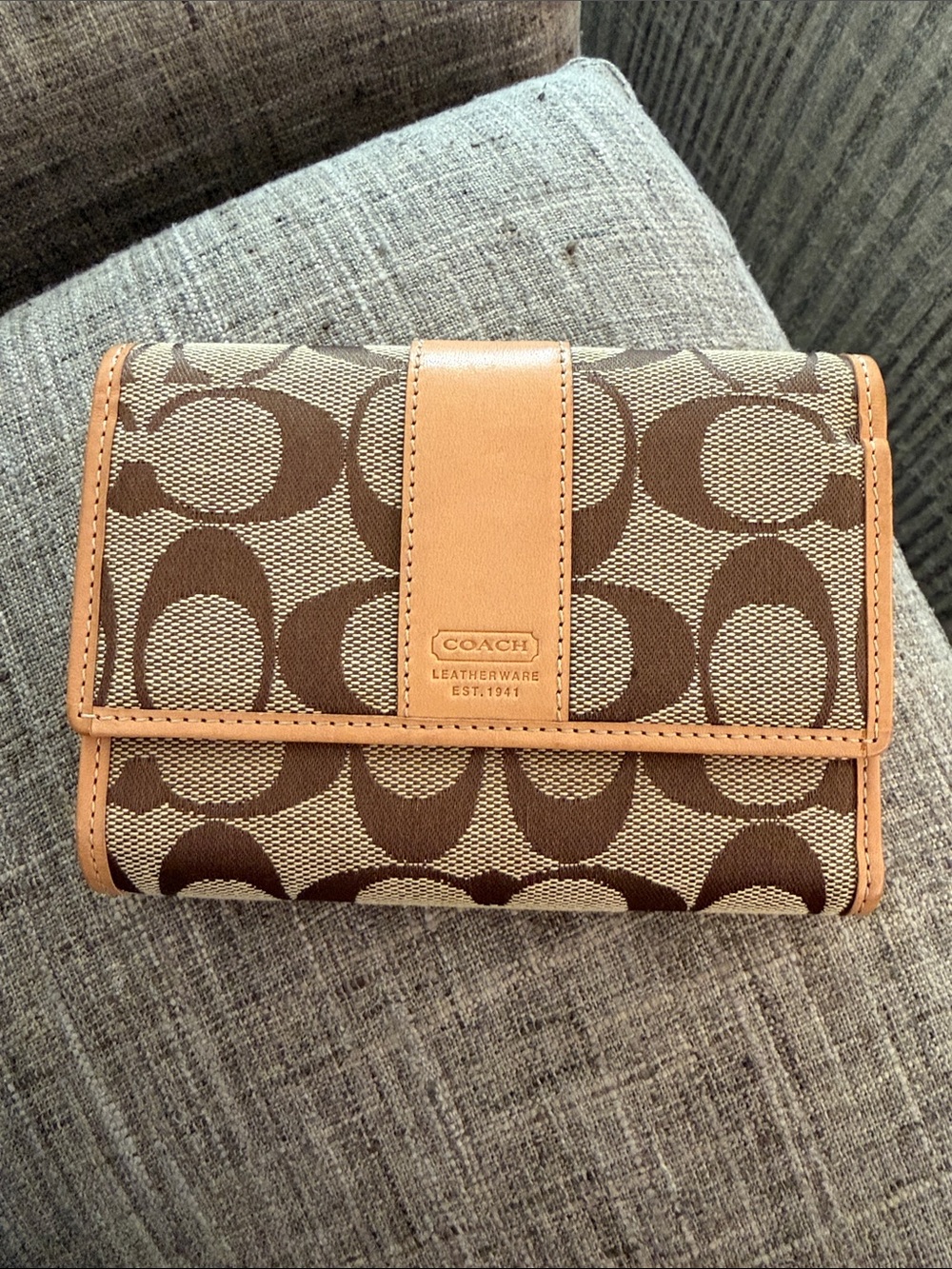 Coach Brown Signature Canvas Card Holder with Tan Leather Trim